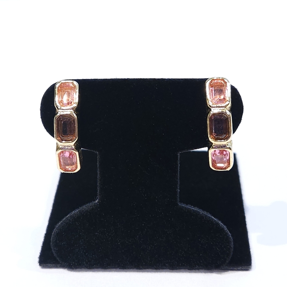 Christian Dior Germany Vintage Crystal Clip On Earrings Gold Tone Pink Purple